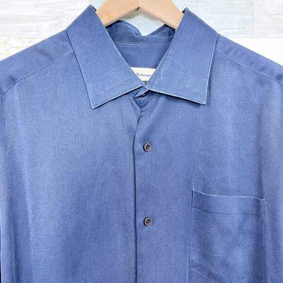 Tommy Bahama Silk Wool Sateen Shirt Blue Button Front Long Sleeve Mens Large - Picture 2 of 6